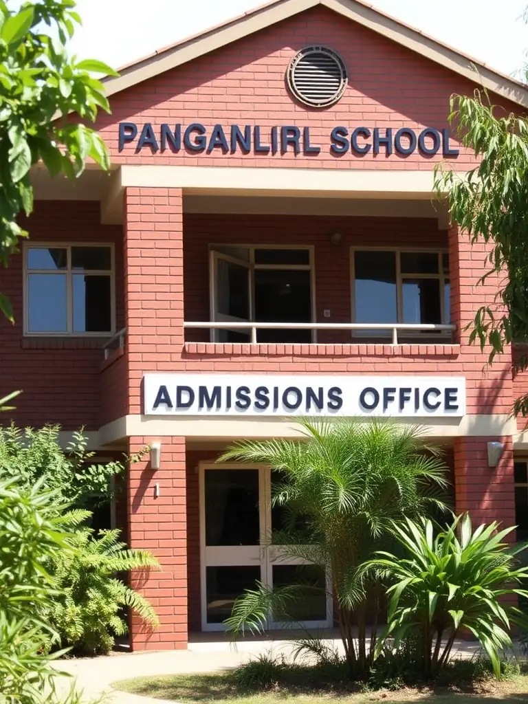 A photograph of the Pangani Girls' School administration building, with a sign indicating the admissions office.