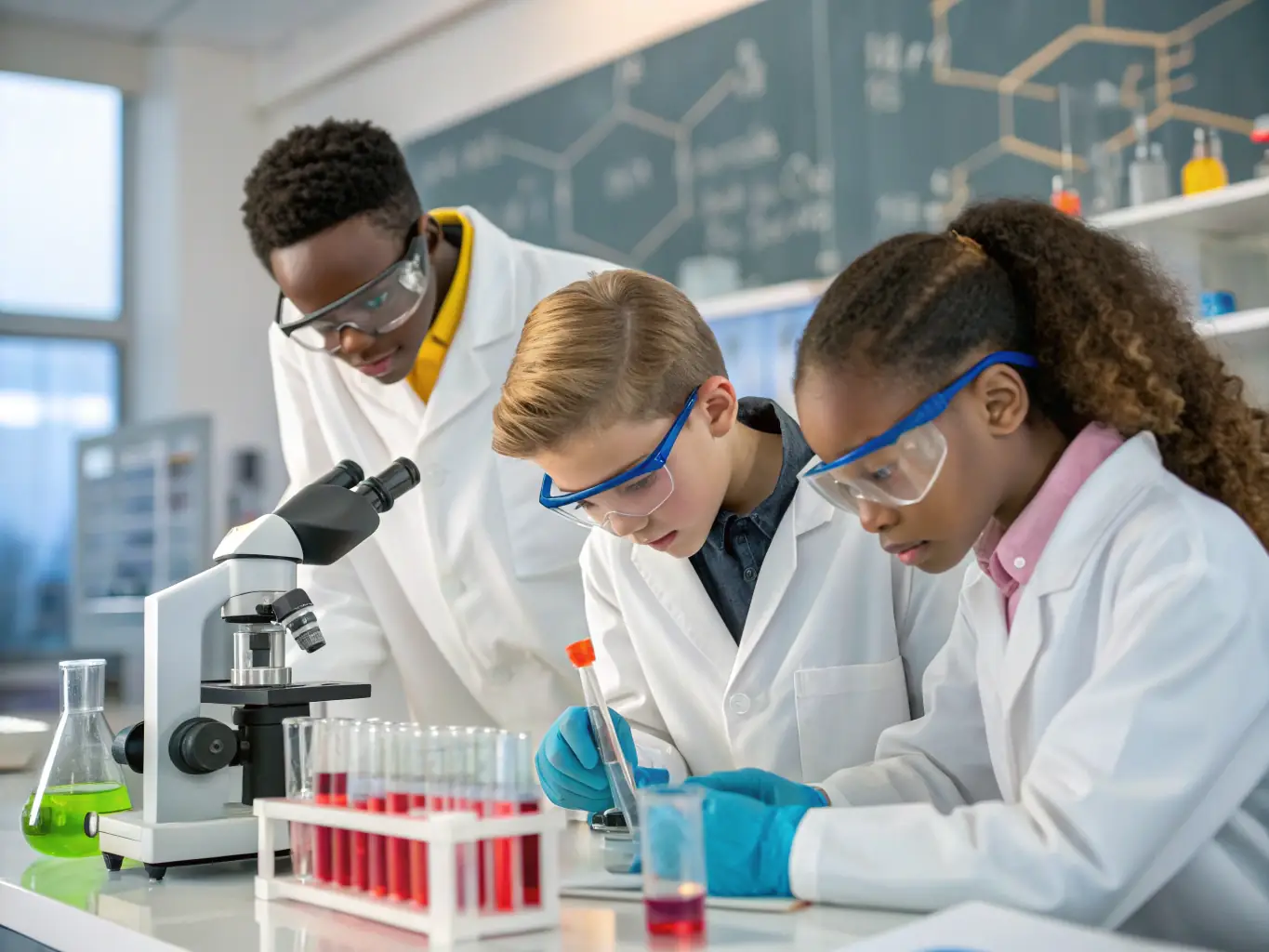 A group of Pangani Girls' School students participating in a science experiment in a well-equipped laboratory, highlighting the school's commitment to hands-on learning and academic excellence.