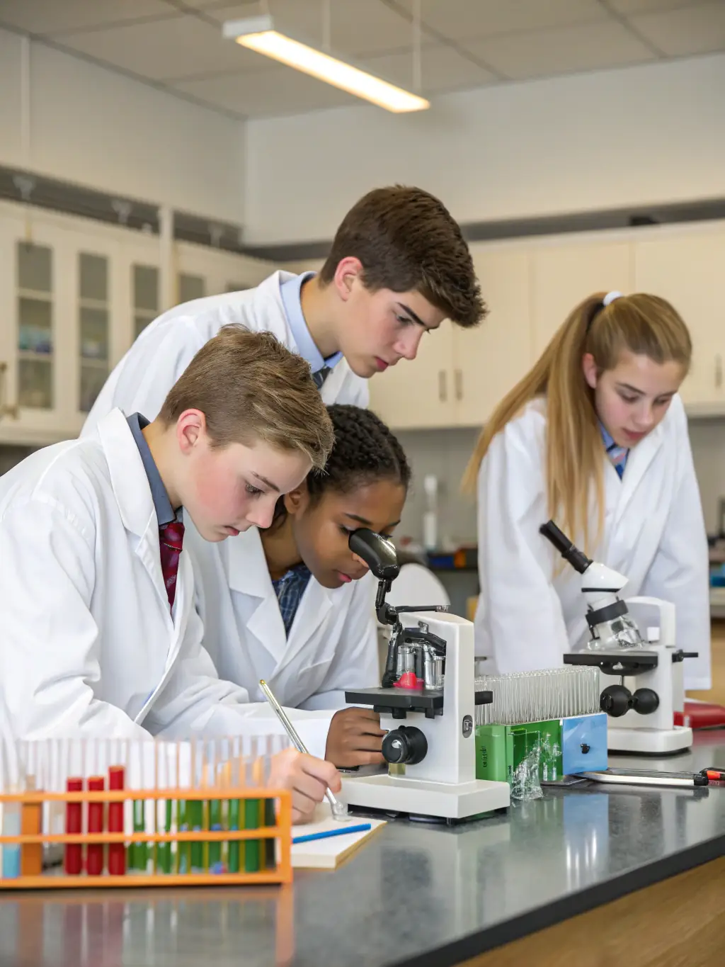 A group of Pangani Girls' School students in a science class, conducting an experiment with beakers and test tubes, showcasing hands-on learning.