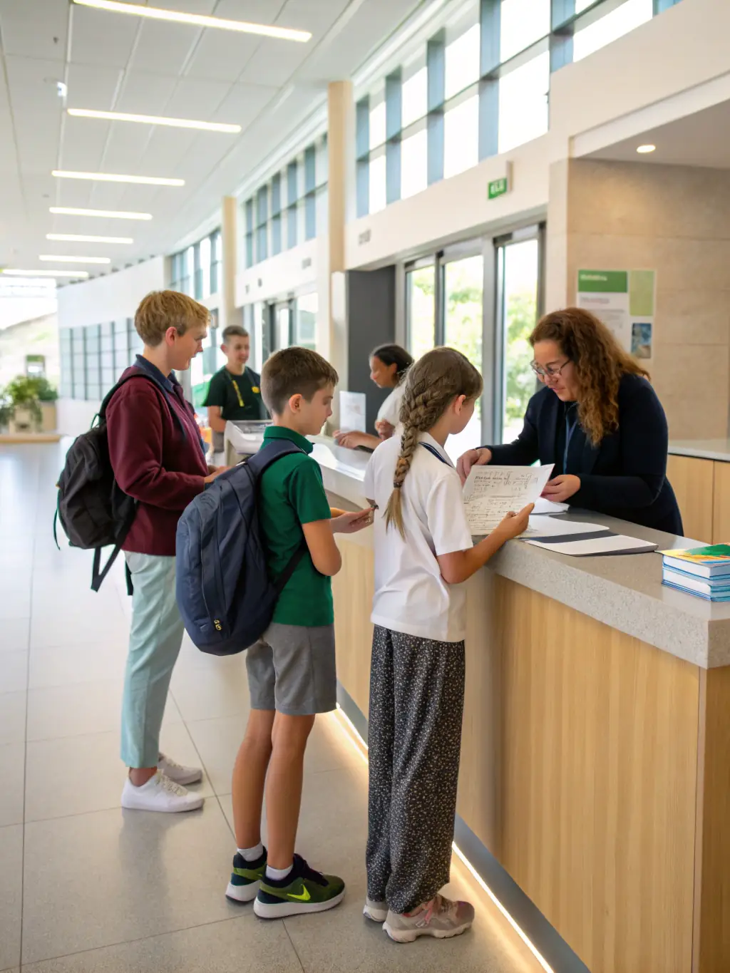 A photograph of students in Pangani Girls' School uniform submitting their application forms at a registration desk, with teachers assisting them.